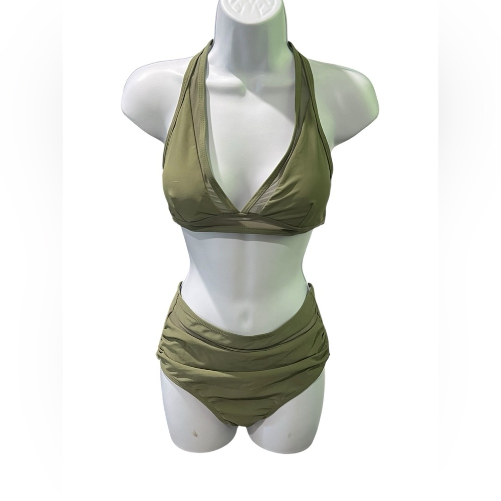 Olive Green Halter Bikini Set – High Waisted Bottoms – Size S – NWOT